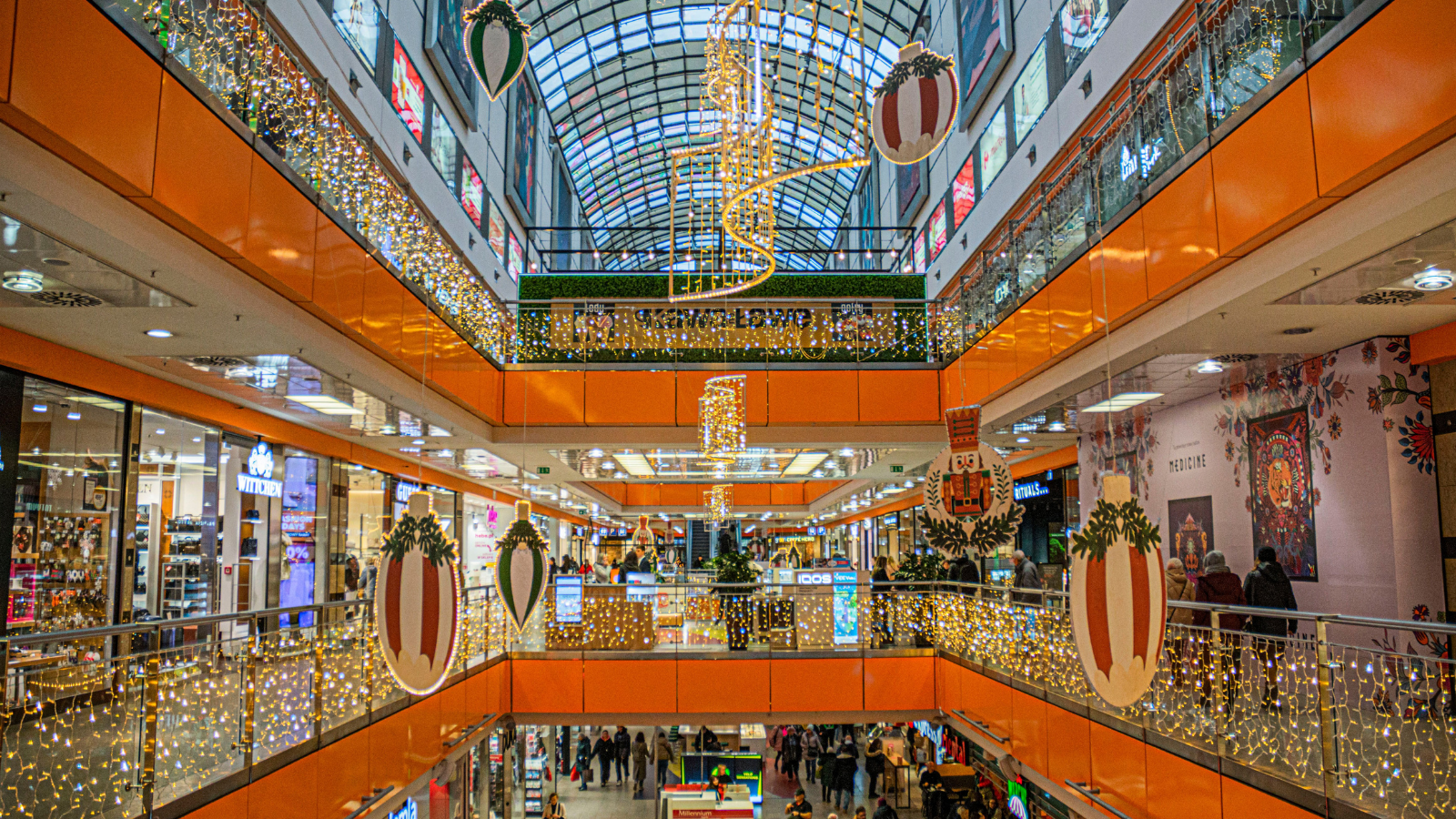 A shopping mall decorated for Christmas