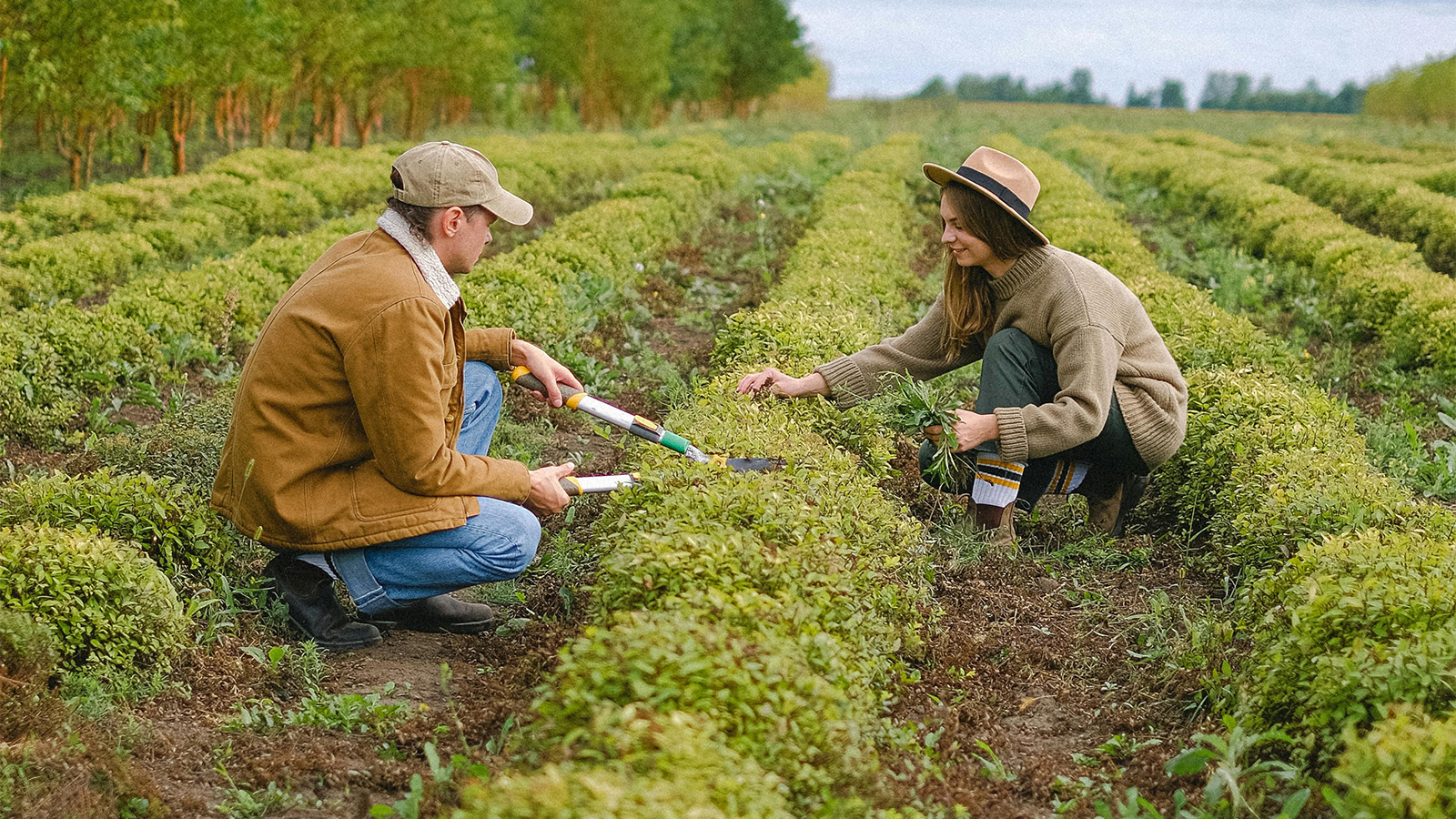 Farmers tending to rows of green crops 